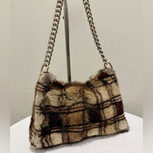 Plaid Print Real Muskrat Fur Handmade Slouchy Bag/Shoulder Bag/Crossbody